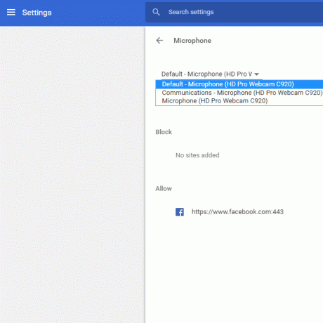 Screenshot delle impostazioni del microfono in Chrome in cui puoi scegliere un microfono per configurare le opzioni