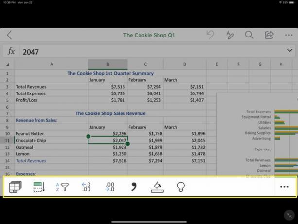 Mõned Exceli tööriistad iOS-i Microsoft Office'i rakenduse arvutustabelite osas.