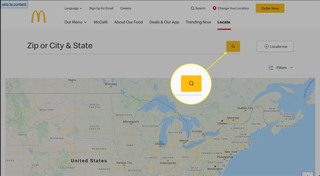 El botón Buscar en la página del localizador de McDonald's