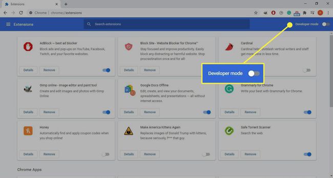 El interruptor de modo de desarrollador en las extensiones de Chrome