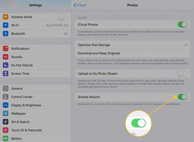 إعدادات صور iCloud مع تمييز مفتاح تبديل الألبومات المشتركة