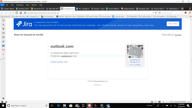 Ekraanitõmmis Outlook.com-i olekust Down For Everyone Or Just Me