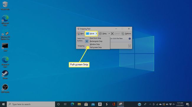 Izbornik Način rada i opcija " Isječak preko cijelog zaslona" u alatu za izrezivanje sustava Windows 10