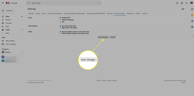 Configurações de bate-papo e reunião do Gmail com Salvar alterações destacado
