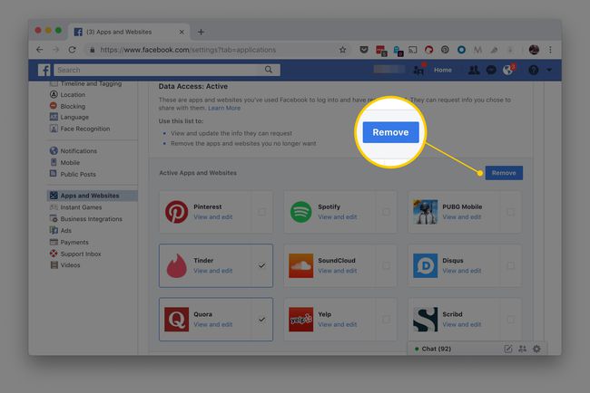 Gumb Ukloni istaknut na snimci zaslona stranice postavki aplikacija i web-mjesta na Facebooku