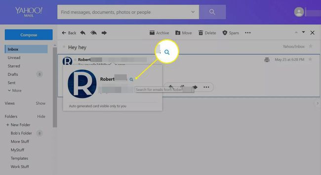 Lupa em um cabeçalho de mensagem no Yahoo Mail