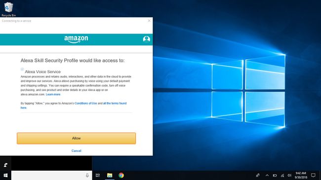 Lo screenshot di Windows mostra le autorizzazioni del servizio vocale Alexa richieste.