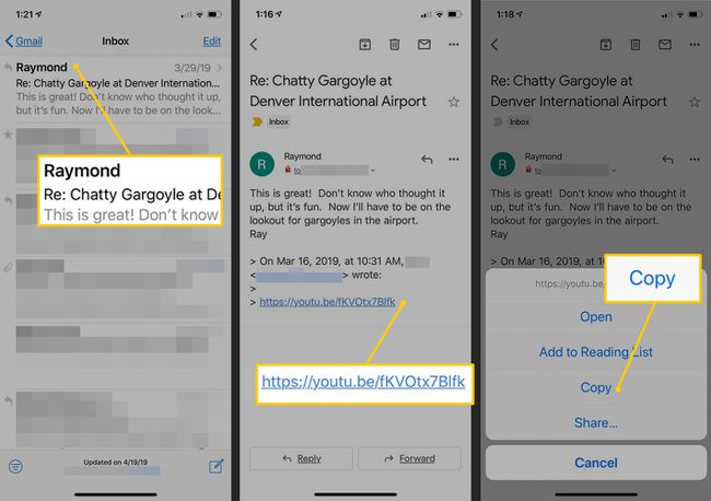 E-mail para tocar, URL para tocar, botão Copiar no iOS