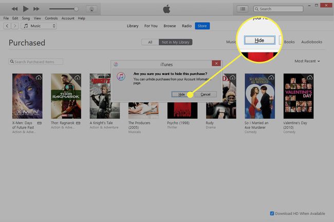 Una captura de pantalla de iTunes con el botón Ocultar resaltado