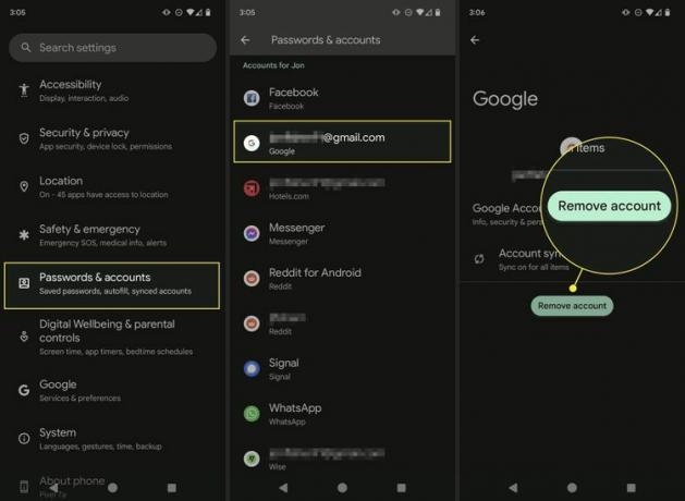 ขั้นตอนที่ไฮไลต์ในการลบบัญชี Google ออกจากโทรศัพท์ Android