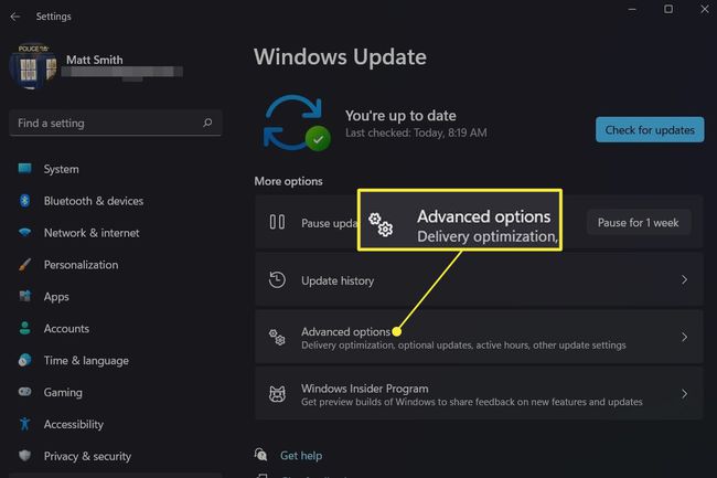 Actualizare Windows în Windows 11 cu Opțiuni avansate evidențiate