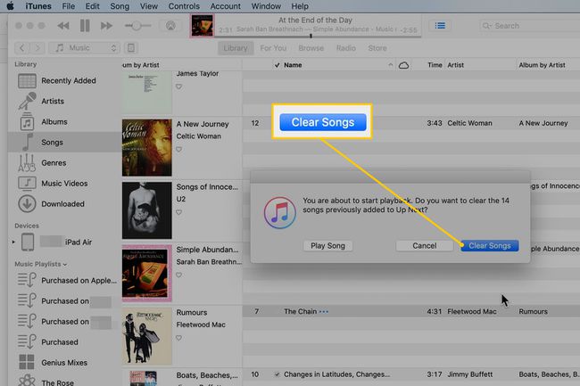 Botão Limpar músicas na caixa de diálogo do iTunes