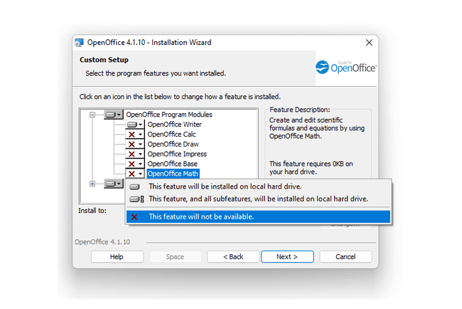 Optionen des OpenOffice-Installationsassistenten