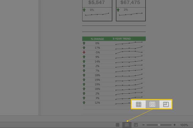 Opcje widoku strony na pasku stanu programu Excel