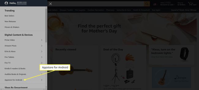 Amazon-verkkosivusto, jossa on All-valikko ja " Appstore for Android" korostettuna