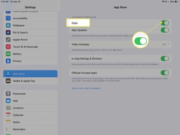 iPad App Storen asetukset, joissa Apps-kytkin on korostettuna