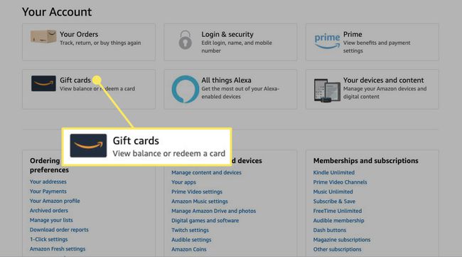 La sección de Tarjetas de regalo en una página de cuenta de Amazon