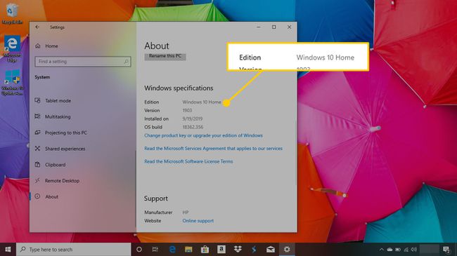 Windows 10:n Tietoja-näyttö, jossa painos on korostettuna