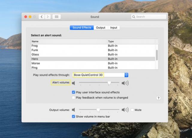 macOS의 사운드 설정에서 사운드 효과 옵션