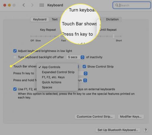 يتم فتح جزء تفضيلات لوحة المفاتيح في macOS مع تمييز Touch Bar.