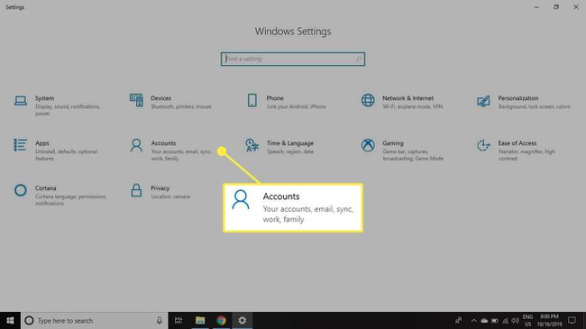 Záhlaví Účty v Nastavení Windows 10