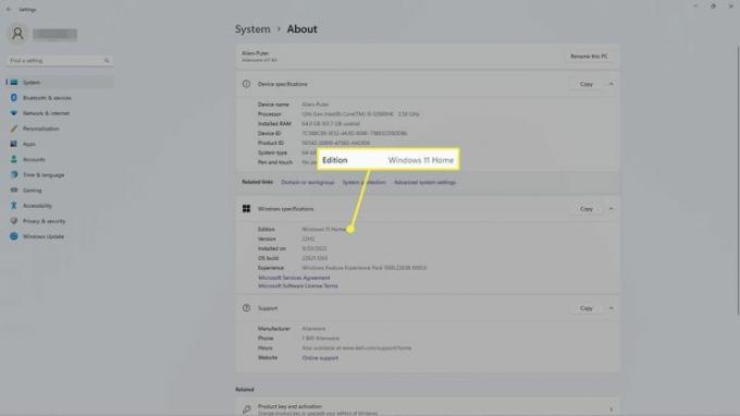 Edition Windows 11 Home uthevet i Windows 11-innstillinger