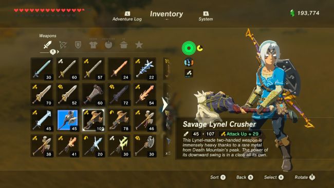 Link menggunakan Savage Lynel Crusher di Zelda BOTW