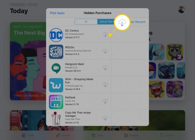 Skärmen Dolda köp i App Store på iPad