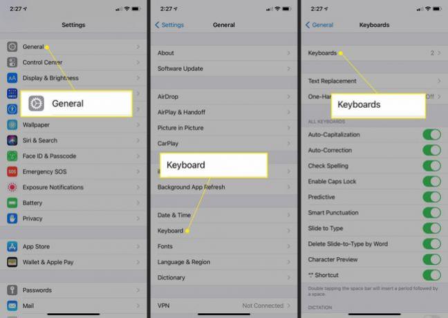 सामान्य, कीबोर्ड और कीबोर्ड के साथ iOS सेटिंग हाइलाइट किए गए