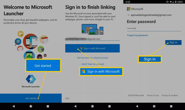 Începeți, conectați-vă cu Microsoft, butoanele de conectare pe Android