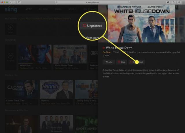 Snímek obrazovky možnosti Sling TV pro ochranu záznamu DVR.