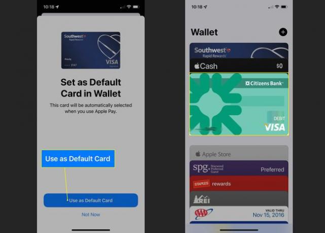Apple Pay 앱에서 강조 표시된 기본 카드 및 Visa 카드 사용