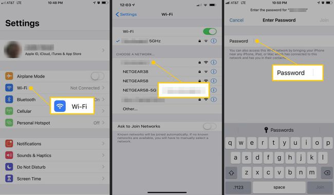 Wi-Fi, nombre de red, campo de contraseña en iOS