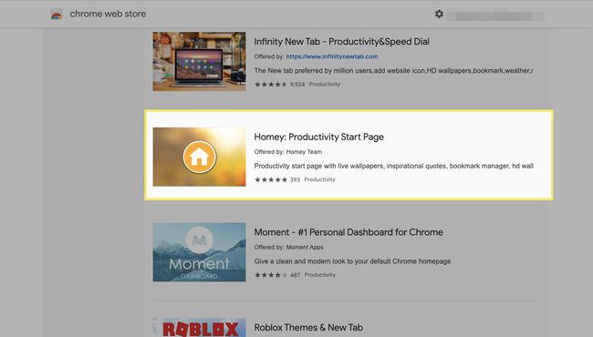 Tienda web de Chrome con la página de inicio de Homey Productivity resaltada