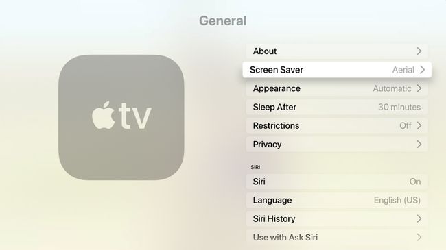 Apple TV सामान्य सेटिंग्स स्क्रीन स्क्रीन सेवर विकल्प दिखा रही है