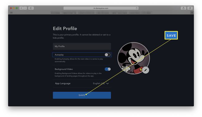 Disney+ cu Editare profil deschis și dialogul Salvare evidențiat