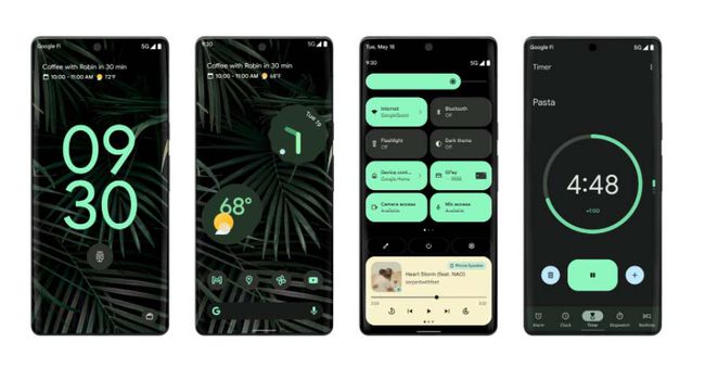 Beispiele für das neue Design von Android 12 auf vier Smartphones