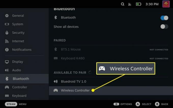 Steam デッキの Bluetooth 設定でワイヤレス コントローラーが強調表示されます。