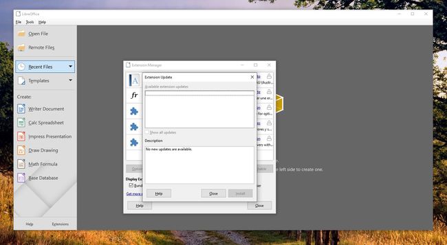Näyttökuva LibreOfficen laajennuspäivityksistä