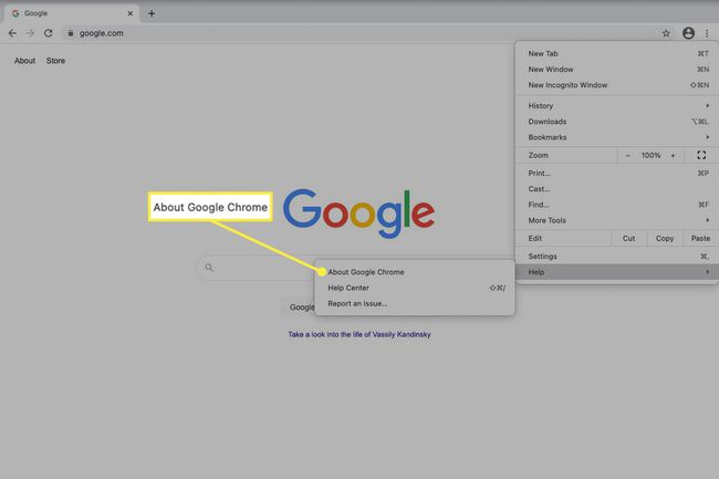 حول خيار قائمة تعليمات Google Chrome في Chrome لنظام التشغيل Mac.