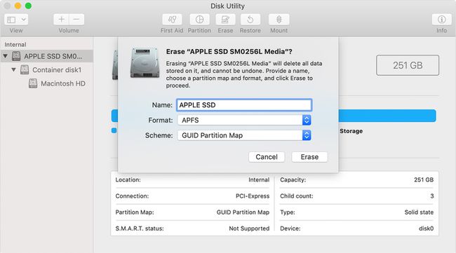 MacOS पर डिस्क यूटिलिटी ऐप का स्क्रीनशॉट।