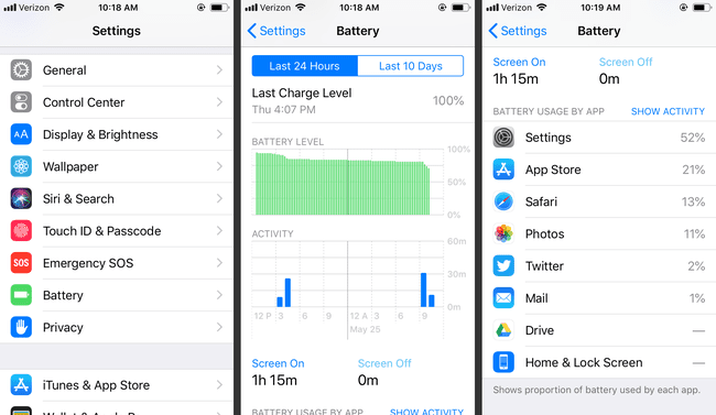 Sistema de bateria e análises nas configurações do iOS