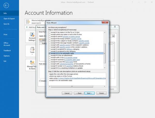 Outlook 2016 Rules Wizard " undtagen hvis det er et automatisk svar" er valgt
