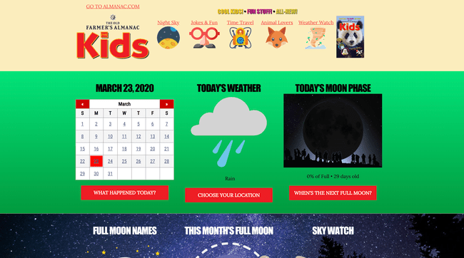 Captura de pantalla del sitio web de Old Farmer's Almanac para niños.