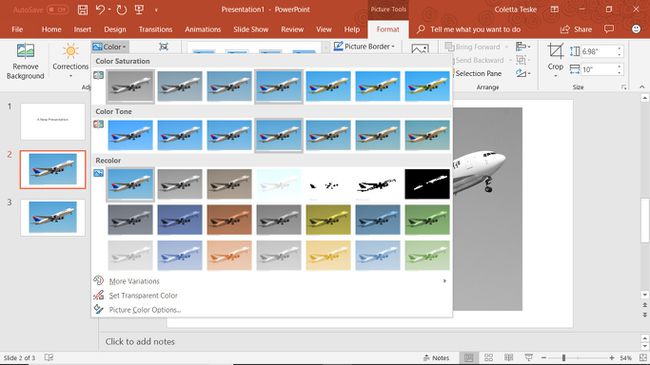 Zrzut ekranu pokazujący, jak zmienić nasycenie kolorów obrazu w programie PowerPoint