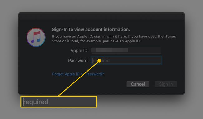 مربع حوار تسجيل الدخول لحساب iTunes باستخدام معرف Apple