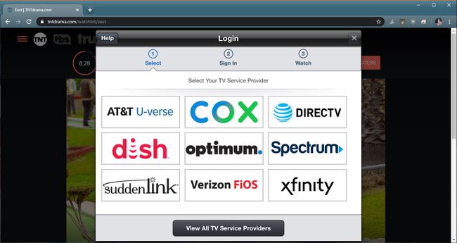 TNTDrama.comのプロバイダー選択メニューのスクリーンショット。
