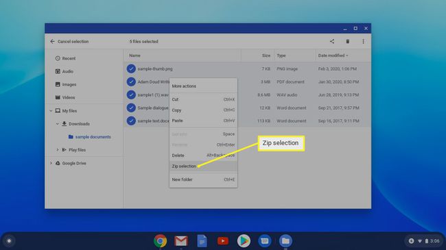 Zip-valgmulighed i Chromebooks højreklik-menu