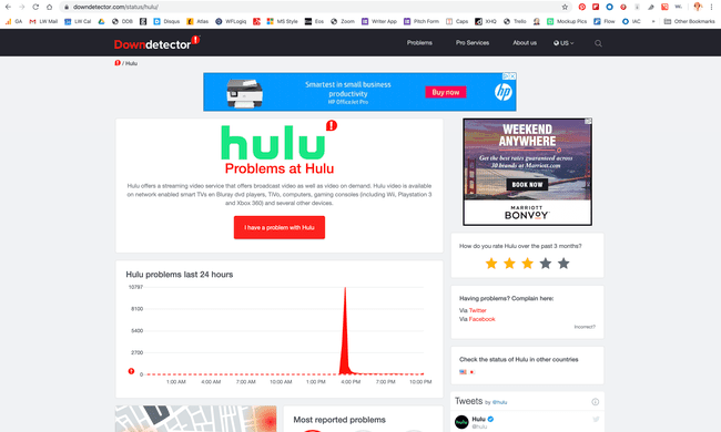 En skärmdump av Hulu-problemsidan på Downdetector.
