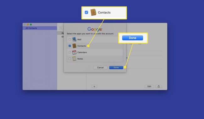 Экран аутентификации Google с приложением " Контакты" и выделенным " Готово"